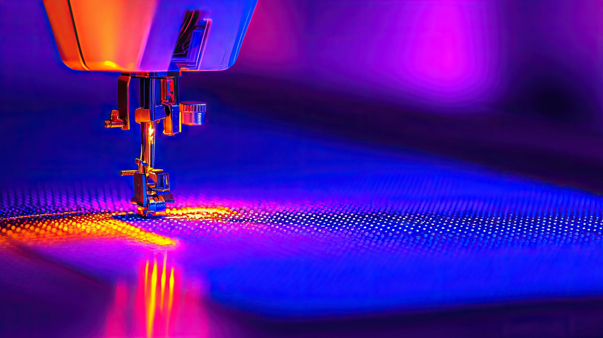 close-up of neon embroidery machine stitching
